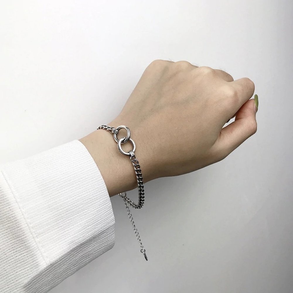 925 Sterling Silver Double Circle Chain Bracelet - Picture 3 of 8